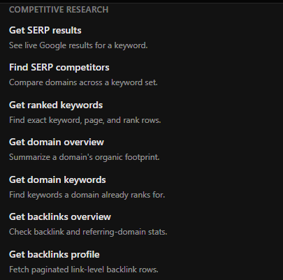 The OpenSEO competitive research tool group, listing Get SERP results, Find SERP competitors, Get ranked keywords, Get domain overview, Get domain keywords, Get backlinks overview, and Get backlinks profile