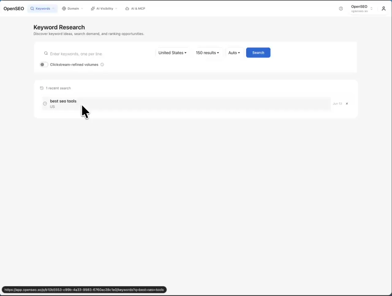 Sintro keyword research dashboard